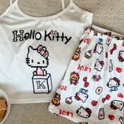 Resim Kitty Karakteri ve for kuromi için Omuzlu Pijama Takımı - Beyaz Polyester İki Parça Rahat Giyim, Baskılı Desenler, Rahat Yetişkin Uyku Giyimi, Tüm Mevsimler Konforu 