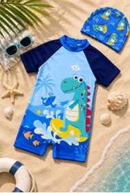 Resim Lolliboomkids Erkek Çocuk Mini Dino Wawe Surfer Tarz Kısa Kollu Mayo Bone Takımı 