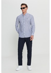Resim Erkek Lacı Keten Slim Fit Dar Kesim Gizli Düğmeli Yaka Çizgili Gömlek Lacı 
