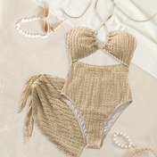 Resim 25SS Yaz Trendi Yeni Bohem Tarzı Tek Parça Mayo, Rahat Özel Kumaşlı Kesik Göğüs Tasarımı, Çapraz İpli İnce Omuz Askıları ve Boyun Bağcıklı, Seksi Sırt Açık Ayarlanabilir Mayo Şık Üçgen File Etek ile Birlikte İki Parçalı Set Olarak Giyilebilir 