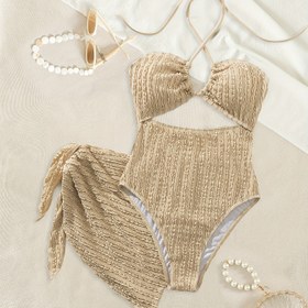 Resim 25SS Yaz Trendi Yeni Bohem Tarzı Tek Parça Mayo, Rahat Özel Kumaşlı Kesik Göğüs Tasarımı, Çapraz İpli İnce Omuz Askıları ve Boyun Bağcıklı, Seksi Sırt Açık Ayarlanabilir Mayo Şık Üçgen File Etek ile Birlikte İki Parçalı Set Olarak Giyilebilir 