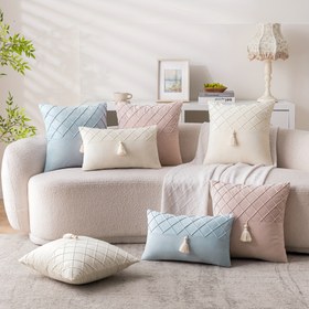 Resim 2 Adet Pembe Pilili Kadife Yastık Kılıfı, Bohem Stil Püskül Sırtlık Örtüsü, Oturma Odası ve Yatak Odası İçin Uygun, Tüm Sezonlarda Kullanım, Yastık Dolgusuz 