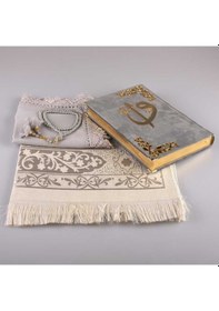 Resim Şal + Seccade + Tesbih + Kuran Hediye Seti (Orta Boy, Kadife, Gri 