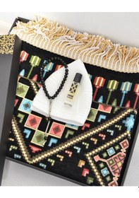 Resim Erkekler İçin Seccade Takke Tesbih Esans Hediyelik Seti Kilim Desenli Kadife Astarlı Seccade Ve Özel Kutulu Lüks Hac Umre Hediyesi Siyah 