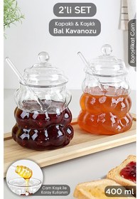 Resim 2'li Kaşıklı Borosilikat Cam Bal Kavanozu - Kapaklı Boncuk Şekilli Reçellik Bal Reçel Kavanozu 400ml Şeffaf 
