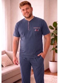 Resim Alimer Erkek Büyük Beden 3 Düğmeli Pamuklu Likra Kısa Kol Cepli Pijama Takımı İndigo 
