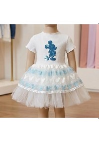 Resim Biçomi Kız Bebek Mickey Baskılı Brode Etekli Pamuklu Konfor Elbise - Turkuaz 