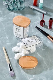 Resim FBZhome 2li Marasca Kulak Pamuğu Ve Pamuk Kavanozu Pamukluk Ahşap Kapaklı Mika Kavanoz 