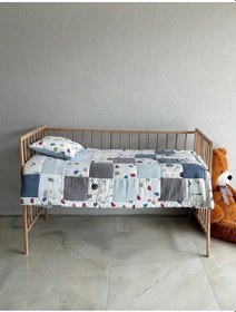 Resim % 100 Pamuk Kırk Yama Çift Katlı Yorgan Seti Mavi 