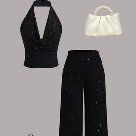 Resim Bahar/Yaz Yeni Kadın Pantolon Takımı, İnci Süslemeli Düz Renk Seksi Halter Üst Düz Pantolon ile 