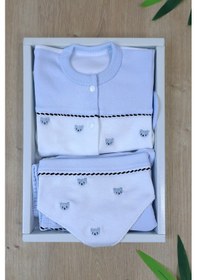 Resim Sitilin Erkek Bebek 5'li Hastane Çıkışı Seti %100 Pamuk Yenidoğan Bebek Hediyesi Zıbın Takımı Mavi Stl7205 Beyaz 