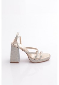Resim Dgn 7753 Kadın Silver Taşli Tek Çapraz Bant Alçak Platform Yüksek Topuk Bilekten Bağli Ayakkabi Dore Saten 