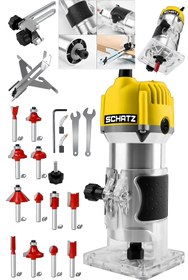 Resim Schatz Profesyonel 600W 6 Kademe Devir Ayarlı Formika Traşlama Freze Makinesi 6 mm Pens + 12 Adet Uç Sarı 