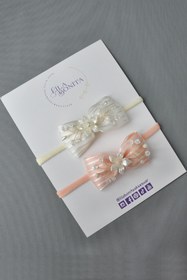 Resim El Yapımı, Boncuk Süslemeli Krem - Somon Kız Bebek-çocuk Iz Yapmaz Bahar Dalı Saç Bandı/bandanası 