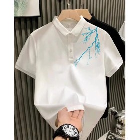 Resim Nemere Yakası Düğmeli Oversize Baskılı T-Shirt - Beyaz 
