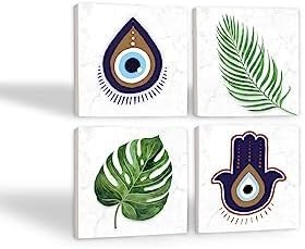 Resim Nazar, Fatma Ana Eli (Hamsa), Yaprak Taş Bardak Altlığı Seti - 4 Parça - Dekoratif, Rustik Mutfak Aksesuarı, 10x10 cm, Kaydırmaz Tabanlı, Şık ve Dayanıklı SC355 