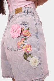 Resim Kadın Kot Pembe 4s6-89 Mom Relax Gül ve Nakış Detaylı Özel Tasarım Denim Şort - Pembe / 38 