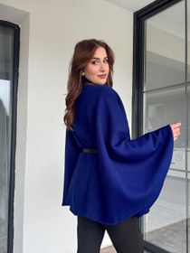 Resim Kemerli düğmeli panço-Saks mavi - STD 