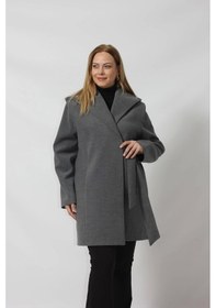 Resim Moda Berray Kuşaklı Yandan Bağlama Detaylı Kapüşonlu Kaşe Kaban Gri 