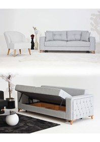 Resim Nola Koltuk Takımı 3+1 & Bazalı Yataklı Koltuk & Kanepe - Keten Beyaz-gri 