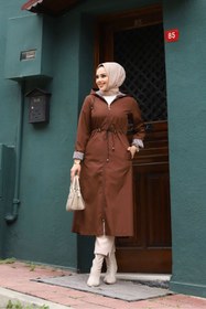 Resim Vibeys Collection Kahverengi İçi Çizgili Ve Kapüşonlu Su Geçirmez Kadın Trençkot 