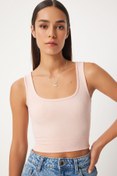 Resim Happiness İstanbul Kadın Açık Pudra Kare Yaka Askılı Fitilli Crop Bluz BF00058 