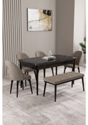 Resim Milas Siyah Mermer Desen 80x132 Mdf Açılabilir Mutfak Masası Takımı 4 Sandalye, 1 Bench Cappucino 