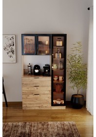 Resim Sierra Temperli Cam 3 Kapaklı Ledli Kahve Köşesi Mutfak Kiler Dolabı Çam Kahverengi 