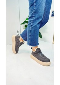 Resim Günlük Kadın Bot Bağcıklı Yüksek Kalın Tabanlı Kürklü Oval Burunlu Süet Rahat Hafif Bootie 1701 Gri 