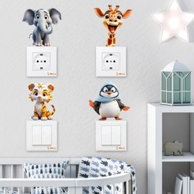 Resim Sevimli Hayvanlar 3D Priz Duvar Çocuk Odası Sticker Seti - 15x15 cm / Renkli / Priz Sticker 