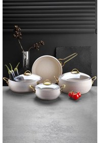 Resim 7 Parça Güveç Seti Gold Saplı - Krem 