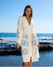 Resim Litustyle Yaprak - Naturel & El Baskılı Pamuk Müslin Kimono Beyaz 