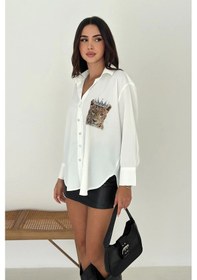 Resim Asprin Fashion Kaplan Desen Taç Baskılı Taşlı Gömlek Beyaz 