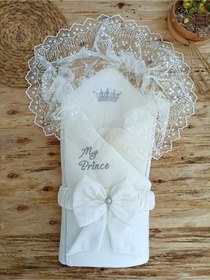 Resim Dantelli Özel Taçlı Bebek Kundağı Unisex Bebek Dış Kundak Battaniyesi Hastane Çıkışı Hediyelik Knd45302 Ekru 