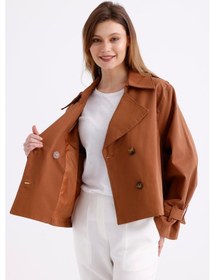 Resim Pastelastore %100 Pamuk Gabardin Astarlı Oversize Geniş Kalıp Kadın Crop Kısa Trençkot 1122 Taba 