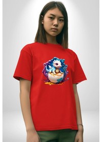 Resim Sevimli Bebek Ejderha Elmas Yumurta Pamuklu Bisiklet Yaka Unisex Oversize Boyfriend Dijital Baskılı Kırmızı T-shirt Kırmızı 