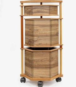 Resim Ahşap Altıgen Tekerlekli Kahve Sebzelik 3 Katlı Yana Açılır Patates Soğan Sarımsak Kahverengi 