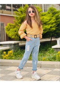 Resim Modavals Yırtık Kotlu Askılı Bürümcük Kumaşlı Kız Çocuk Kombin Sarı 