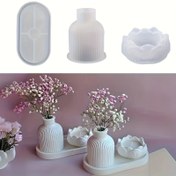 Resim Lotus Mum Tutucu Silikon Kalıp Seti Çizgili Vazo Beton Kalıbı Alçı Oval Tepsi Kalıpları için DIY Epoksi Reçine Masa Süsü Çiçek Düzenlemesi Aromaterapi Kil Ev Dekoru 