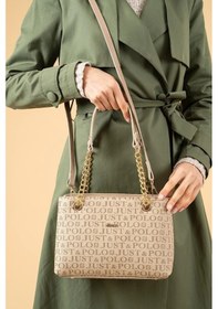 Resim Just Polo Kadın Zincirli Baskı Desenli El & Omuz Çantası Ve Cüzdanı Ebat : 24 X 20 Cm Shopper Vizon Kombin 