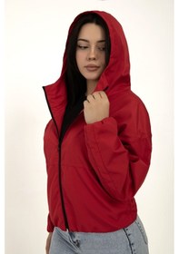 Resim Kadın Kırmızı Kapüşonlu Su Ve Rüzgar Geçirmez Cepli İçi Astarlı Oversize Yağmurluk Kırmızı 