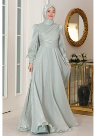 Resim Raika Moda Omuz Detaylı Bahar Tesettür Büyük Abiye Su Yeşili 