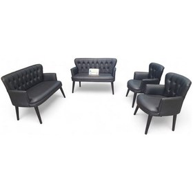 Resim Ahşap Ayaklı Kollu Siyah Deri Ofis Koltuğu Büro Koltuğu Deri Ofis Bekleme Koltuğu 2 İkili 2 Tekli Desenli 