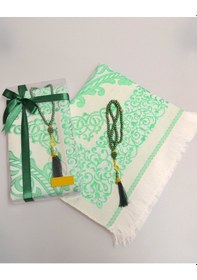 Resim Kişiye Özel Pamuk Dokulu Seccade Ve İnci Tesbih Özel Hediye Seti Yeşil 