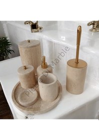 Resim Sarı Traverten Klasik Model 7 Parça Mat Gold Renk Düğme Aksesuarlı Banyo Seti Sarı Traverten 