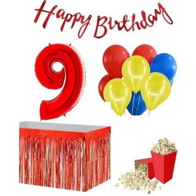 Resim 9 Yaş Kırmızı Balon Rakam Folyo Banner Mısır Kutusu Masa Eteği 