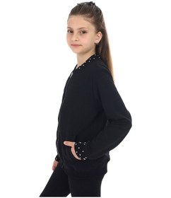 Resim Toontoy Kız Çocuk Kolej Yaka Fermuarlı Cepli Boncuk İşlemeli Örme Hırka - 2 İplik Siyah 