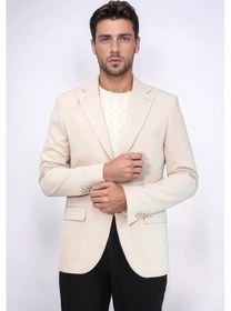 Resim Bej Kendinden Desenli Örme Altın Renk Metal Düğmeli Slim Fit Erkek Blazer Ceket - Wessi Cream 