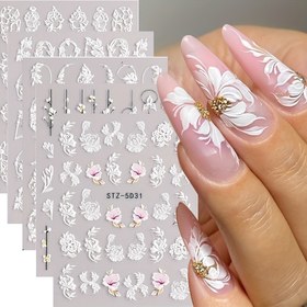 Resim 5 adet Şık Beyaz Çiçekli Tırnak Sticker'ları - 5D Çıkartmalar, Parıldayan Gül ve Menekşeler, Kendinden Yapışkanlı DIY Manikür Tasarımları, Bahar ve Yaz, Honey Girl Tarzı, Tırnak Sanatı Süsleri | Çiçekli Tırnak Sanatı | Kendinden Yapışkanlı Sticker'lar, Tırnak Süsleri 