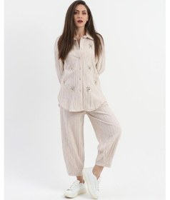 Resim Yüksek Bel Hasır Kemerli Cepli Keten Şalvar Pantolon - Bej-bej Bej 